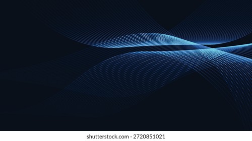 Abstrakt fließende blaue Linien erzeugen ein leuchtendes wellenartiges Muster auf dunklem, tiefblauem Hintergrund, das einen Sinn für digitale Daten oder technologischen Fortschritt hervorruft, perfekt für modernes Design und