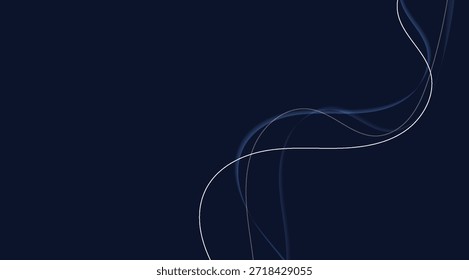 Abstract flowing blue and white lines gracefully curve across a dark blue background, forming a dynamic and elegant digital design perfect for modern technology, science, or corporate presentations and websites