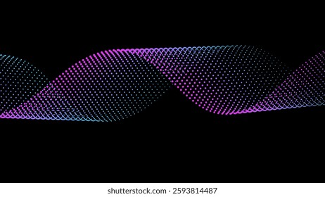 Abstract flowing dot particles background. Wave halftone gradient color. Smooth curve round shape isolated on black background.