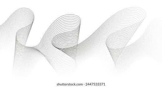 Abstract flowing dots particles wave pattern. Halftone gradient curve shape isolated on white background. Modern vector banner in concept of AI, technology, science, music festival.