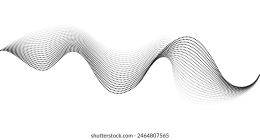 Abstract flowing dots particles wave pattern isolated on transparent background. Vector halftone design element for music, technology, science template, banner, flyer