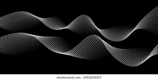 Abstract flowing dots particles wave pattern. Halftone gradient smooth wavy dotted lines isolated on black background. Vector design template. Sound wave rhythm