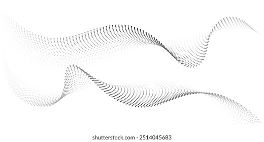 Abstract flowing dots particles wave pattern. Halftone gradient curve shape isolated on transparent background. Modern vector banner in concept of AI, technology, science, music festival.