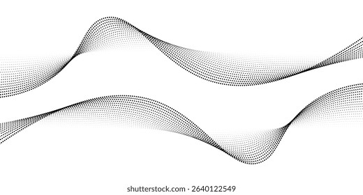 Abstract flowing dots particles wave pattern. Halftone gradient curve shape isolated on white background. Modern vector banner in concept of AI, technology, science, music festival.


