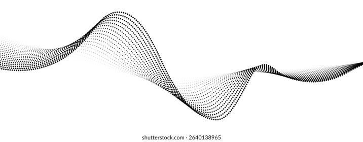 Abstract flowing dots particles wave pattern. Halftone gradient curve shape isolated on transparent background. Modern vector banner in concept of AI, technology, science, music festival.