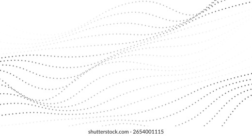 Abstract flowing dots particles wave pattern halftone gradient curve shape isolated on white background. Vector in concept of technology, science, music, medical and modern desktop screen wallpaper.