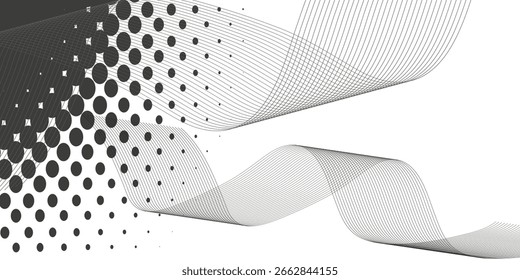 Abstract flowing dots particles wave pattern halftone gradient curve shape isolated on white background. 