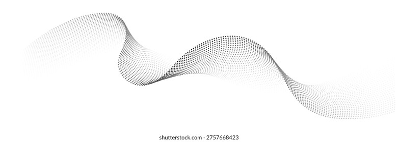 Abstract flowing dots particles wave pattern. Halftone gradient curve shape isolated on white background. Modern vector banner in concept of technology, science, music.
