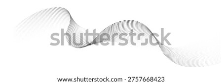 Abstract flowing dots particles wave pattern. Halftone gradient curve shape isolated on white background. Modern vector banner in concept of technology, science, music.
