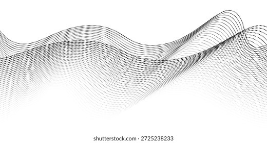 Abstractas flujo de partículas de puntos patrón ondulado 3D curva semitono fondo negro. Forma de la curva del gradiente aislada en blanco. Puntos minimalistas. Ilustración vectorial. eps10