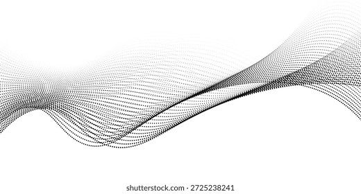 Abstrakte fließende Punkte Partikel wellenförmigen Muster 3D-Kurve Halbton schwarzen Hintergrund. Kurvenform mit Farbverlauf, einzeln auf weiß. Minimalistische Punkte