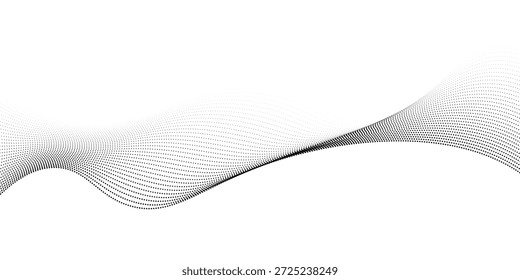 Abstractas flujo de partículas de puntos patrón ondulado 3D curva semitono fondo negro. Forma de la curva del gradiente aislada en blanco.