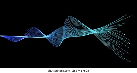 Abstract flowing dynamic wavy lines isolated on dark background. Digital motion element for design technology background.