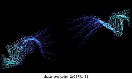 Abstract flowing dynamic wavy lines isolated on dark background. Digital motion element for design technology background.