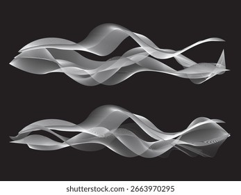Líneas de onda grises que fluyen Abstractas sobre un fondo negro. Efecto de movimiento dinámico moderno con curvas en capas transparentes, perfecto para proyectos de tecnología, ciencia y arte digital.