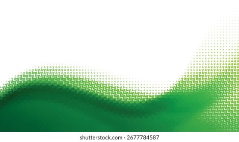 Abstract flowing green wave pattern with subtle digital binary code texture and white space for copy