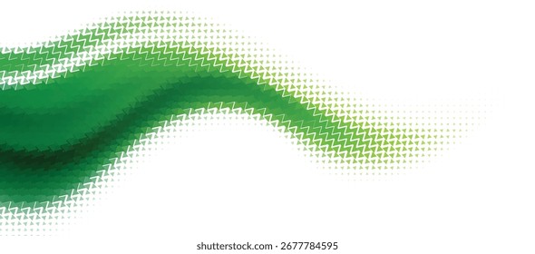 Abstract flowing green wave pattern composed of small dots and pixels on a clean white background creating a modern digital art design