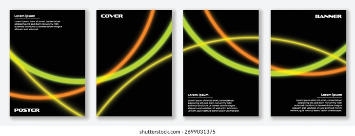 Abstrakt fließende Lichtlinien, moderner Glüheffekt auf dunklem Hintergrund. Kreatives Vorlagendesign für Poster, Cover, Bannerlayout.
