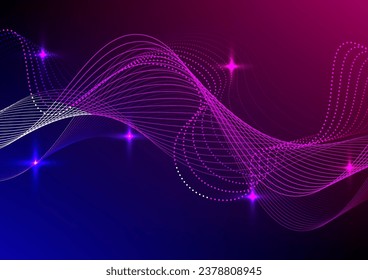 Abstract flowing line and dot particles on purple and blue background with glowing light effects. Vector Illustration. Futuristic technology concept.
