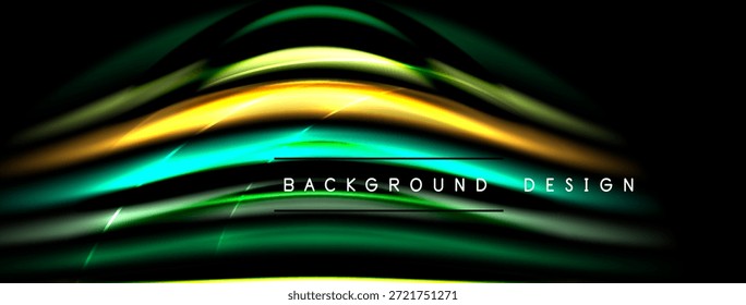 Las líneas Abstractas que fluyen crean un patrón de onda vibrante. El fondo oscuro enfatiza colores brillantes, elemento de diseño moderno.
