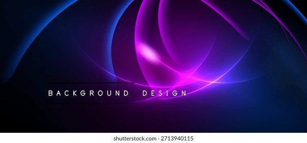 Abstractas líneas fluidas, vibrantes tonos púrpuras azules. Diseño moderno, fondo oscuro crea efecto dramático. El texto lee el diseño de fondo.