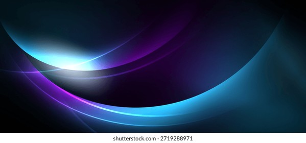 Abstrakte fließende Linien, lebhafter Blues, Purpur, helle Lichtquelle. Dramatischer Kontrast erzeugt dynamischen visuellen Effekt.
