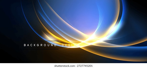 Abstract flowing lines, vibrant blues, golds create dynamic light effect. Dark background emphasizes luminosity, modern design element.
