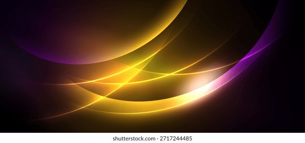 Abstractas líneas fluidas, colores vibrantes se mezclan. Los tonos dorados dominan, los acentos morados están presentes. El fondo oscuro enfatiza la luminosidad, creando un efecto visual dinámico.