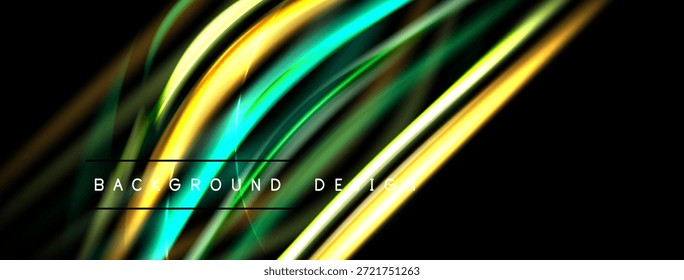 Abstractas líneas fluidas, vibrantes tonos dorados y azules. El fondo oscuro crea un efecto visual dramático. Elemento de diseño moderno.