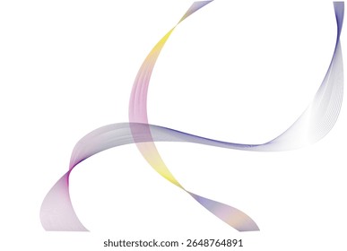 Abstract flowing lines in vibrant gradient of purple, pink, yellow, and orange. Elegant curved wave pattern on white background for creative, tech, or artistic design