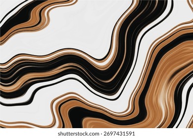 Abstractas superficie líquida fluida con efecto de mármol negro, blanco y bronce, intrincados patrones ondulados que crean una textura lujosa y moderna para fondos de diseño. Vector