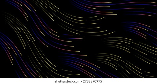 Abstractas patrón de línea de neón que fluye con Gradientes azules, amarillos y morados sobre fondo negro