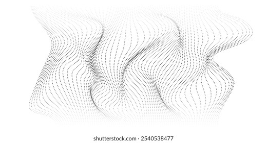 Partículas de fluxo abstratas criam um padrão de onda com um meio-tom preto e branco gradiente curva pontilhada. Elemento vetorial isolado de padrão de linha de onda pontilhada para poser, design de banner, apresentação, folheto.