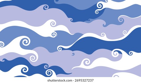 Um padrão abstrato e fluido retrata ondas ou nuvens estilizadas azuis e brancas com espirais decorativas, criando um design oceânico calmo e tranquilo.