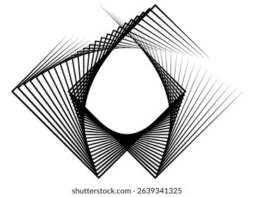 Abstract flowing rectangular geometric shapes made of thin black lines on a white background. Modern technological design element. Black and white vector background for covers, advertising, posters. 