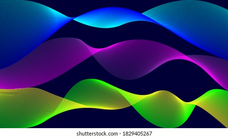 Abstract flowing ribbons of different colors. Wave of the many colored lines. Design elements. Abstract wavy stripes on dark, isolated background. Curved smooth tape. Vector illustration