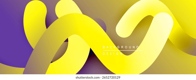 Abstract flowing ribbons, vibrant yellow hues blend with purple, gold gradients create dynamic visual texture. Modern design element.