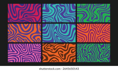 Formas de fluxo abstratas em cores contrastantes em negrito criam um efeito líquido vívido, ideal para projetos visuais modernos e atraentes e planos de fundo criativos.