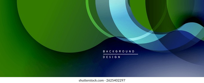 Formas de fluxo abstratas, tons verdes e azuis criam um plano de fundo dinâmico. Elementos de design modernos sugerem movimento, profundidade.