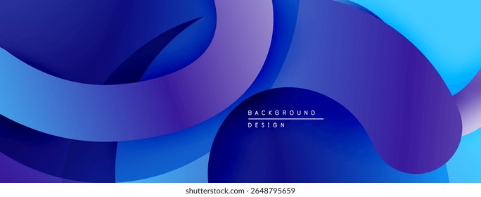 Formas de fluxo abstratas, azuis vibrantes, roxos criam um fundo moderno. As camadas de gradiente sugerem profundidade, movimento. Design minimalista.