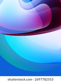 Formas de fluxo abstratas, azuis vibrantes, roxas, brancos criam fundo dinâmico. Gradientes suaves sugerem movimento, profundidade. Elemento de design moderno.