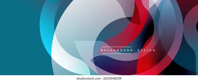 Abstract flowing shapes, vibrant colors, modern design. Overlapping circles create dynamic visual effect. Background features gradients, text.