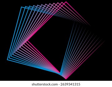 Abstract flowing squares, made of thin colored lines on a black background. Modern technological design element. Vector geometric background for covers, advertising, posters. Blue and purple rays