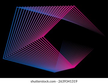 Abstract flowing squares, made of thin colored lines on a black background. Modern technological design element. Vector geometric background for covers, advertising, posters. Frame