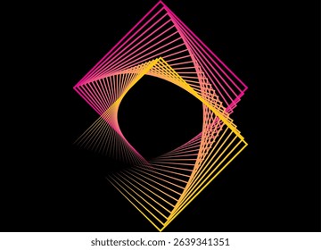 Abstract flowing squares, made of thin colored lines on a black background. Modern technological design element. Vector geometric background for covers, advertising, posters. Yellow and purple rays