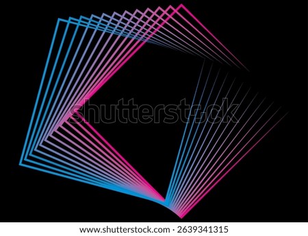 Abstract flowing squares, made of thin colored lines on a black background. Modern technological design element. Vector geometric background for covers, advertising, posters. Blue and purple rays