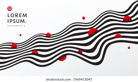 Abstract flowing stripes lines black and white contrast background with red circle decorate. Optical art wavy stripes pattern with copy space. Modern and minimal banner design. EPS 10 vector.
