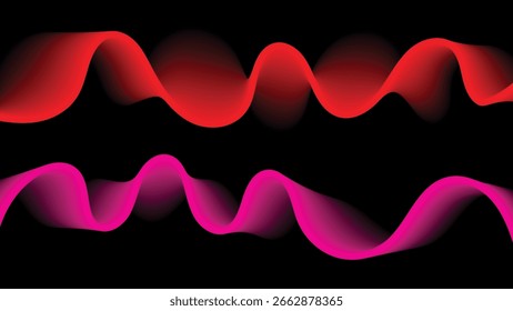 Gráficos de onda 3D abstratos, fluentes e ondulantes com gradientes vermelho e magenta vibrantes em um plano de fundo preto sólido.