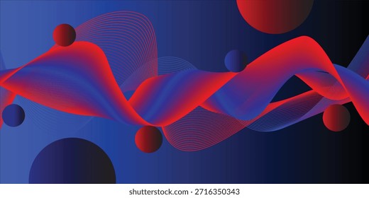 Fondo ondulatorio Abstractas con Formas de gradiente rojo y azul y esferas flotantes. Diseño moderno dinámico que representa movimiento, energía y profundidad, adecuado para temas de tecnología, presentaciones, Anuncios y proyectos digitales creativos.