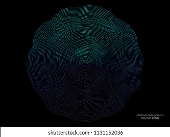 Abstract flowing wave dots pattern in circle shape light blue and green colorful isolated on black background. Vector design element in the concept of music, technology, innovation, A.I.